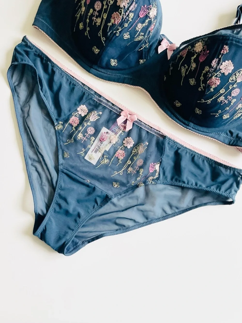 NWT Adore Me 42DD 0X blue floral embroidered bra set with panties